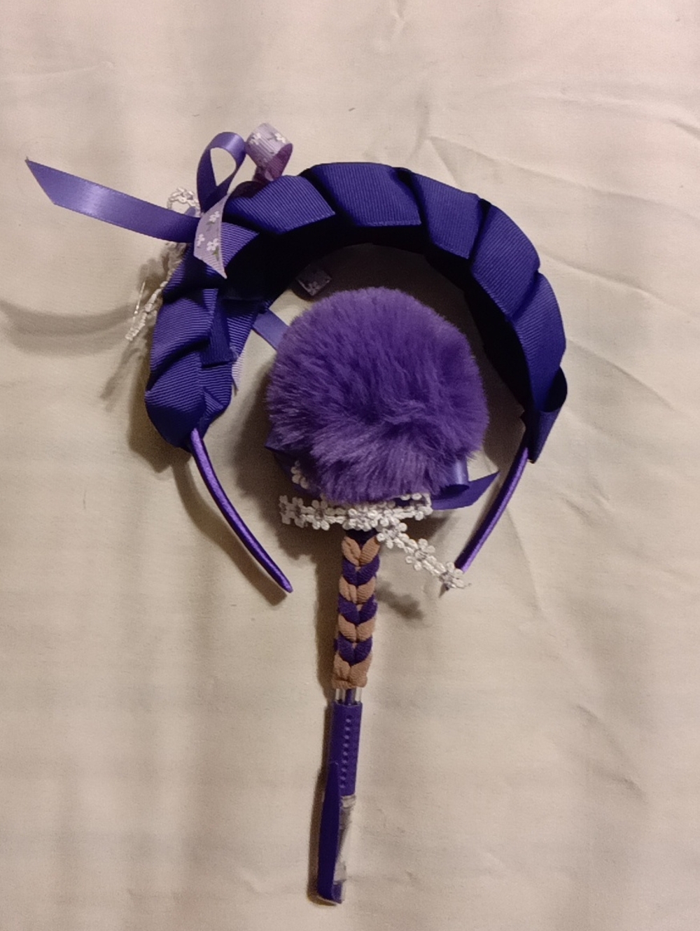 Purple Kids Headband with Pom Pom and Braid Accent
